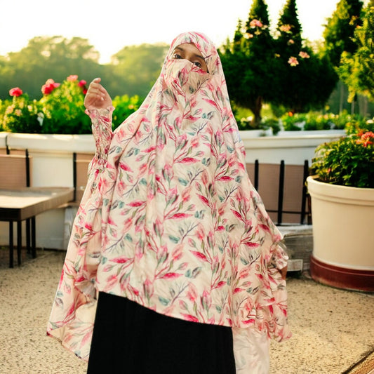 Printed Khimar-Long Prayer Hijab With Attached Mouth-Piece