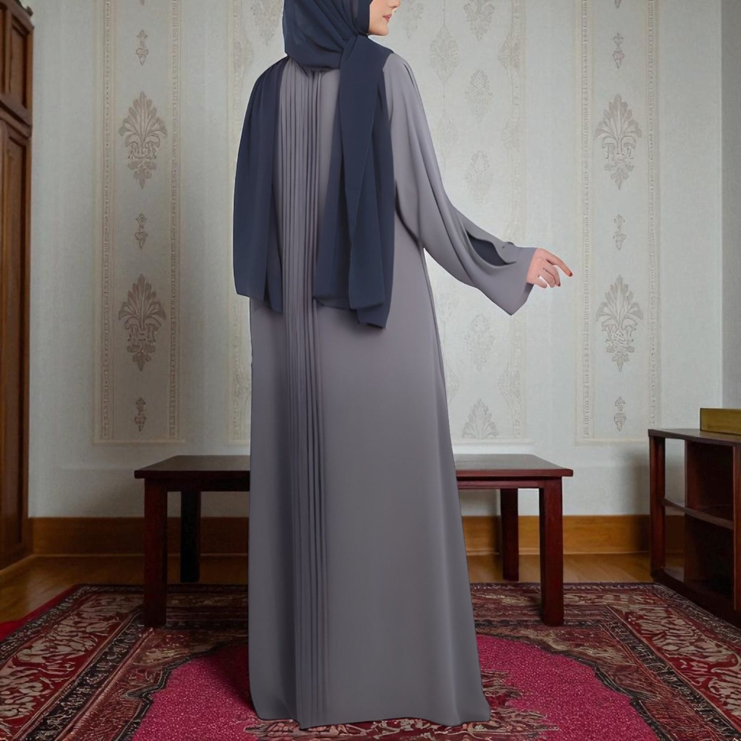 Designer Front Open Abaya with Dual-Color Sleeves, Back Pleats, Snap Buttons & Flared Bottom