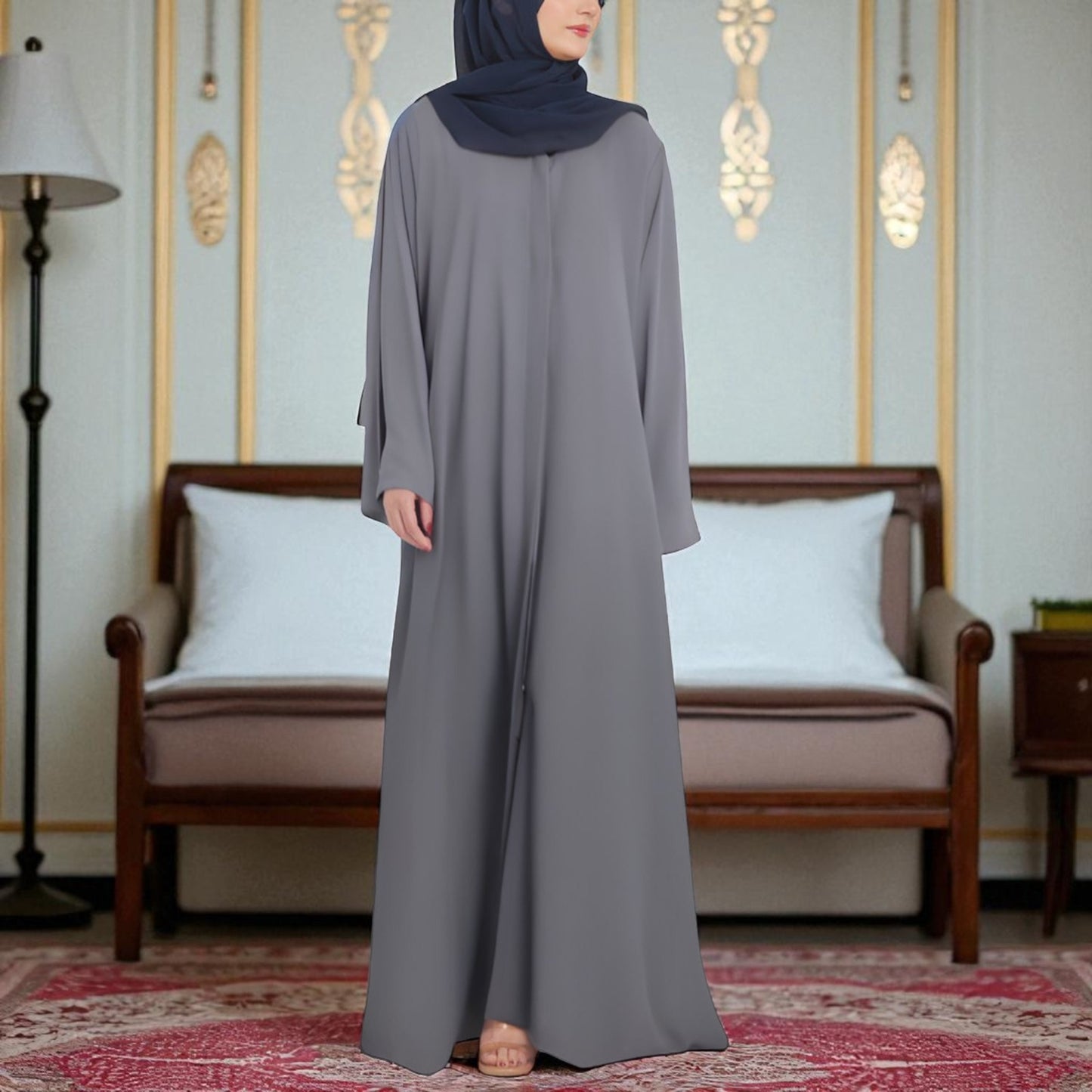 Designer Front Open Abaya with Dual-Color Sleeves, Back Pleats, Snap Buttons & Flared Bottom