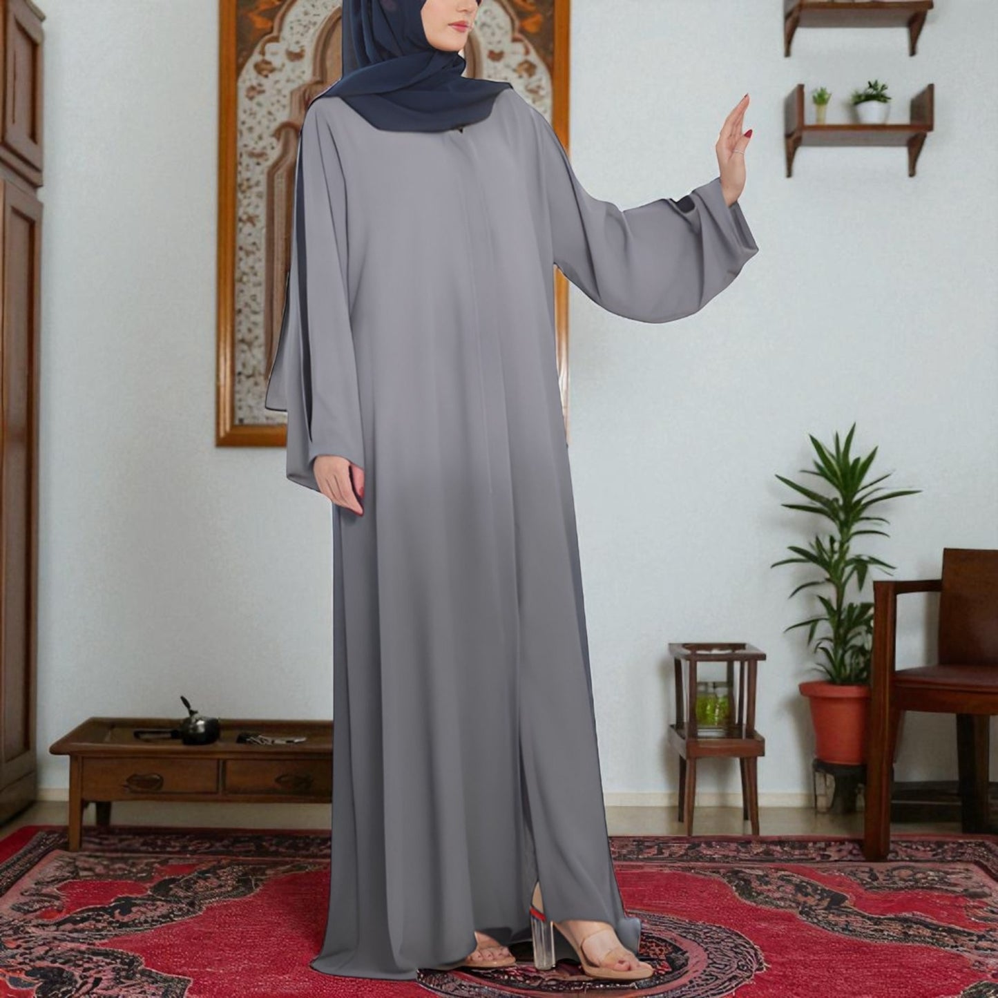 Designer Front Open Abaya with Dual-Color Sleeves, Back Pleats, Snap Buttons & Flared Bottom