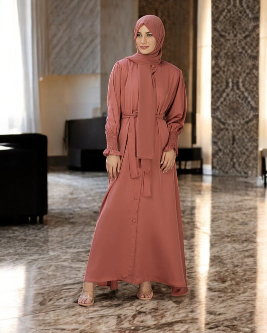Front Open Firdaus Fabric Abaya with Smocky Sleeves