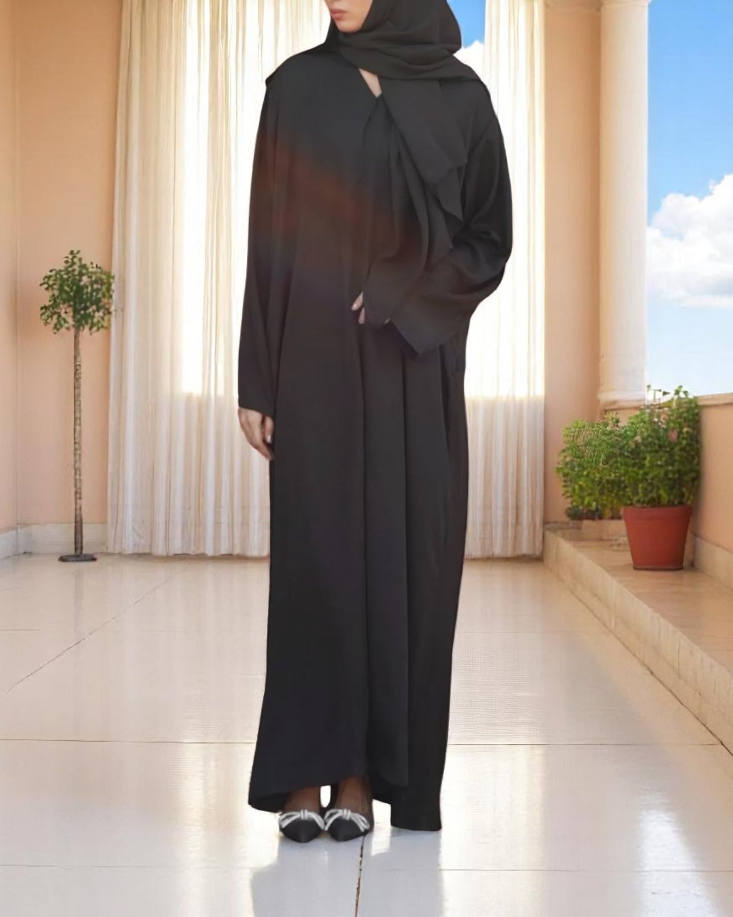 Front Open Black Abaya in Firdaus Fabric with Snap Buttons, Wide Sleeves, Pockets & V-Neck