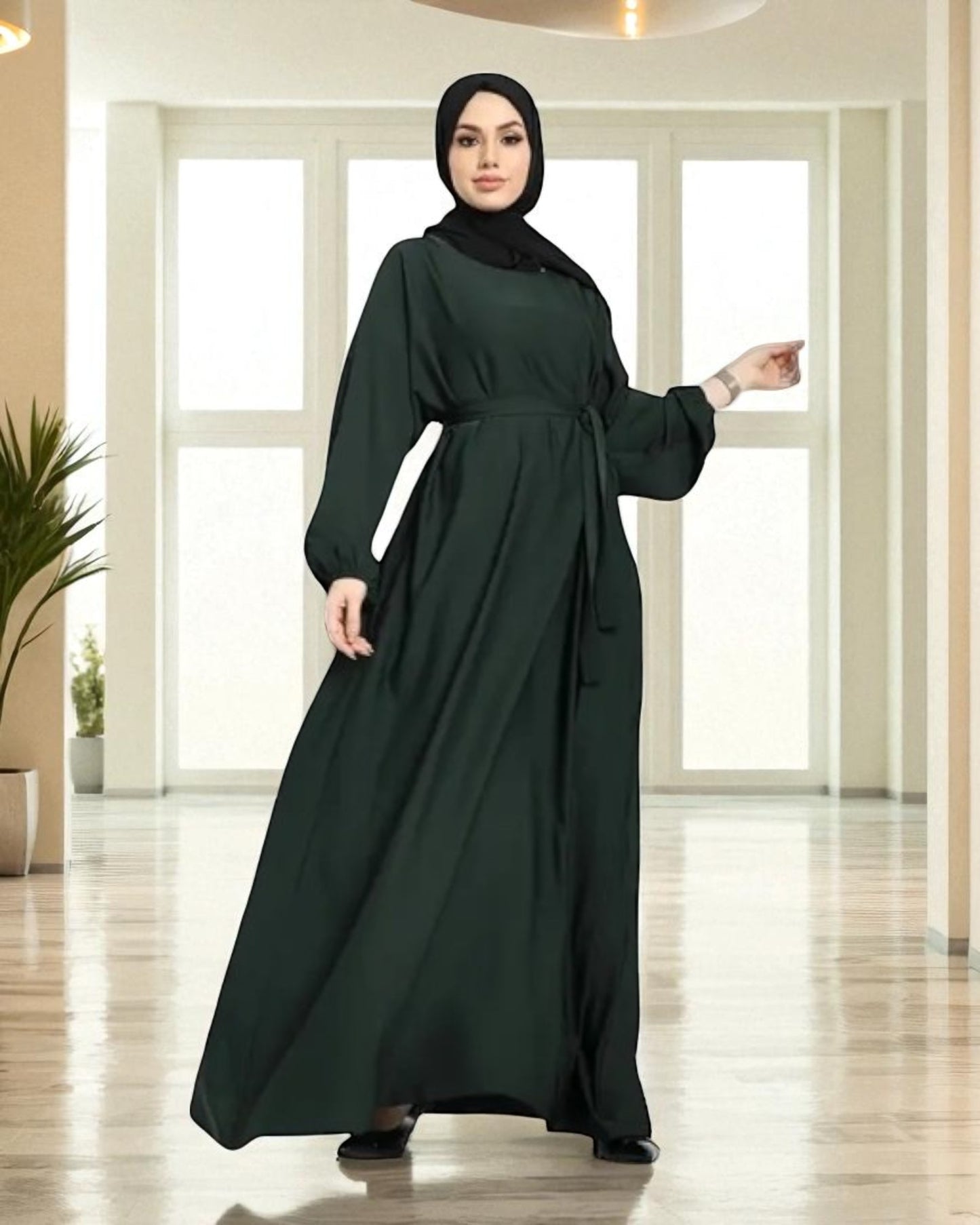 Closed Abaya with Flare - Elasticated Sleeves - Side Pockets - Matching Belt - Complementary Hijab - Nida Satin Fabric