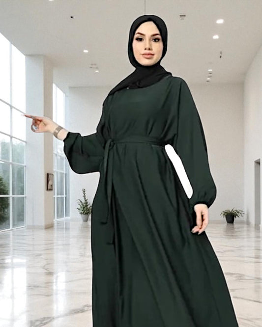 Closed Abaya with Flare - Elasticated Sleeves - Side Pockets - Matching Belt - Complementary Hijab - Nida Satin Fabric
