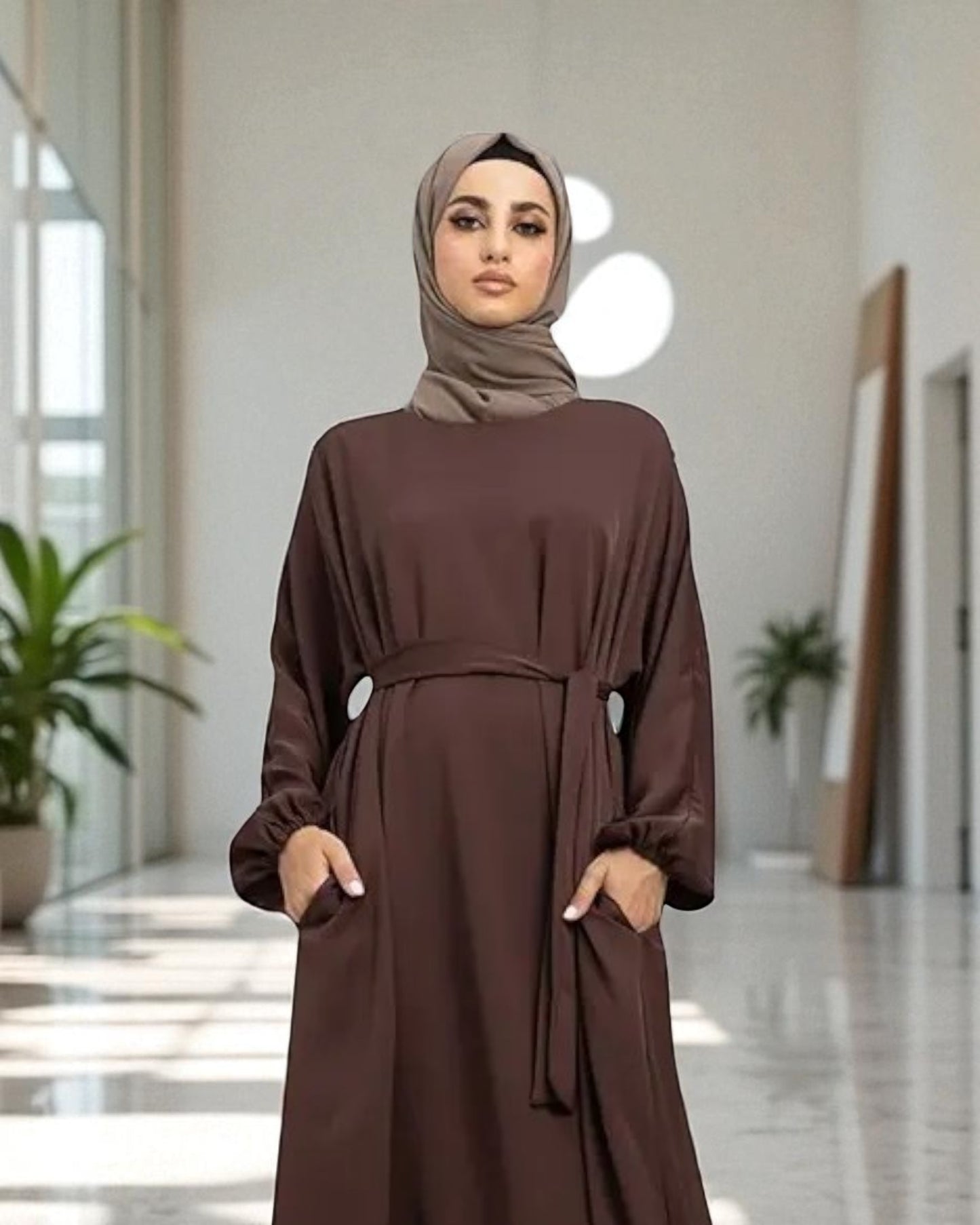 Closed Abaya with Flare - Elasticated Sleeves - Side Pockets - Matching Belt - Complementary Hijab - Nida Satin Fabric