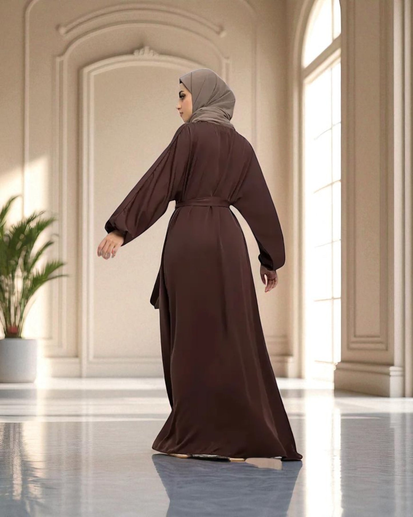 Closed Abaya with Flare - Elasticated Sleeves - Side Pockets - Matching Belt - Complementary Hijab - Nida Satin Fabric