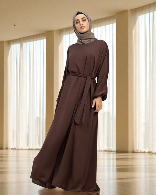 Closed Abaya with Flare - Elasticated Sleeves - Side Pockets - Matching Belt - Complementary Hijab - Nida Satin Fabric