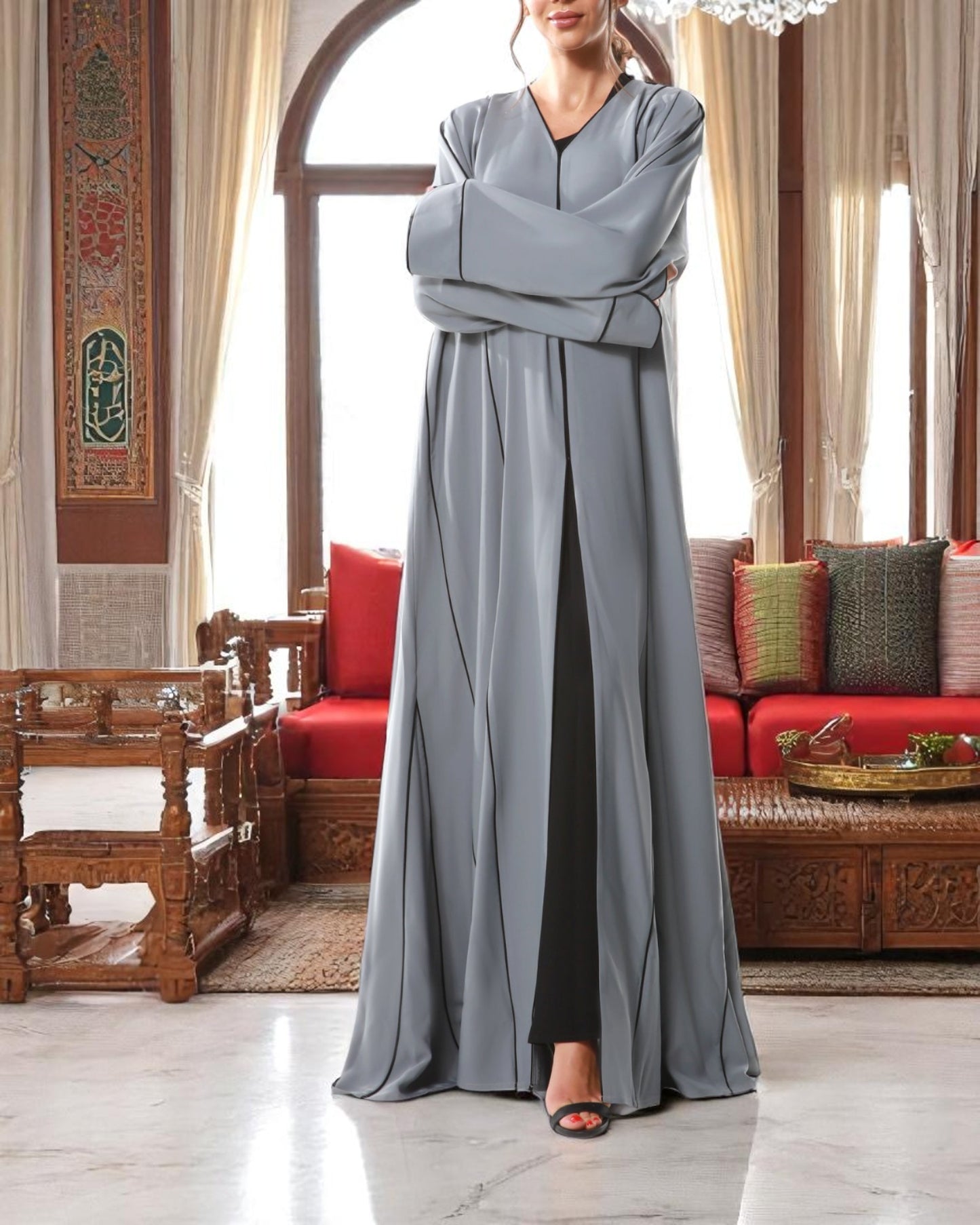 Front Open Abaya in Firdaus Fabric with Contrast Piping, Designer Sleeves, Snap Buttons & V-Neck