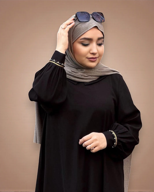 A-Line Firdaus Fabric Abaya with Pearl Lacework
