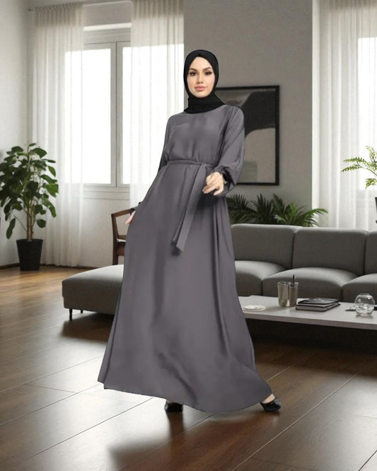Closed Abaya In Nida Satin Fabric With Flared Bottom And Fabric Belt