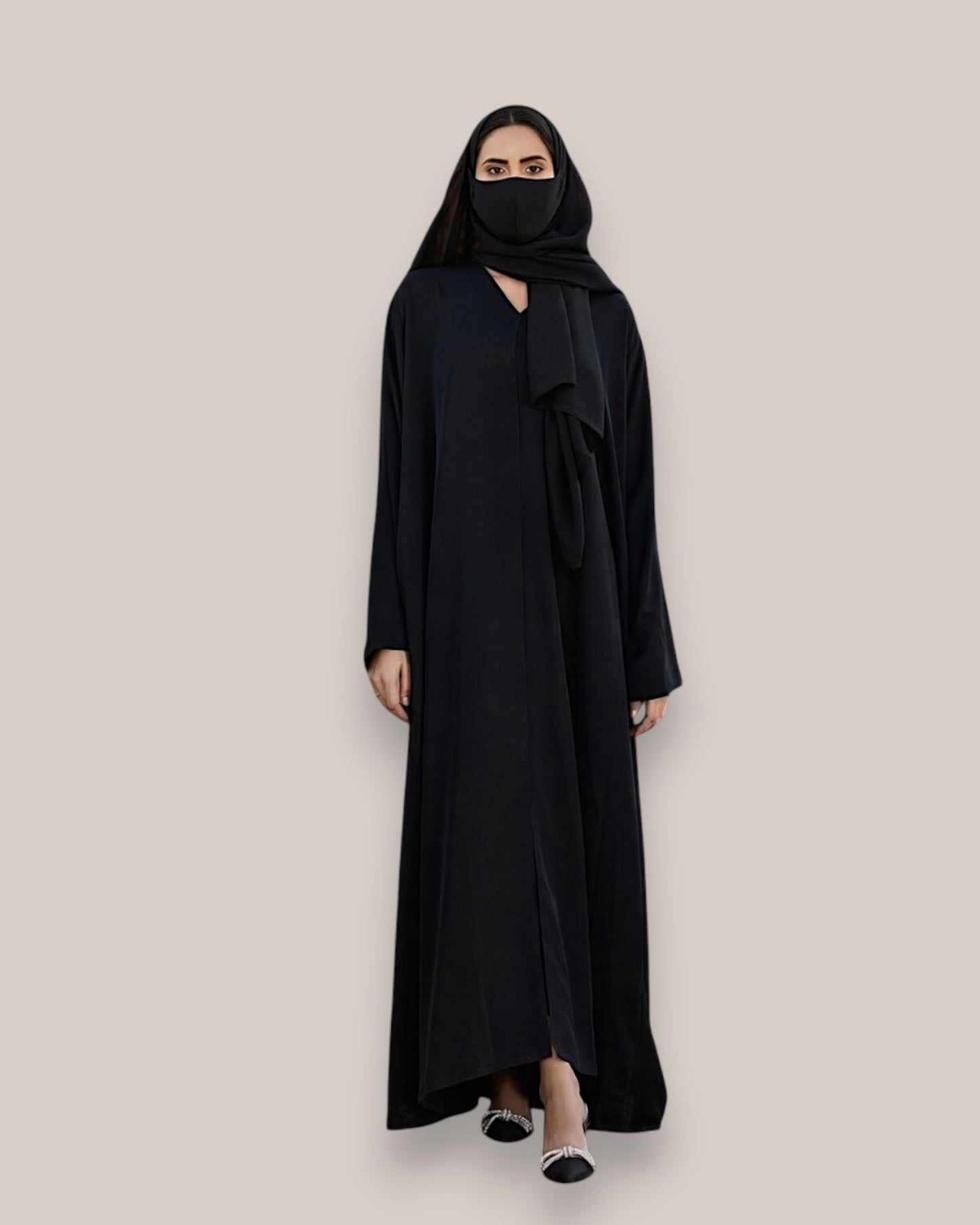 Elegant Front Open Firdaus Abaya with V-Neck & Hijab Set