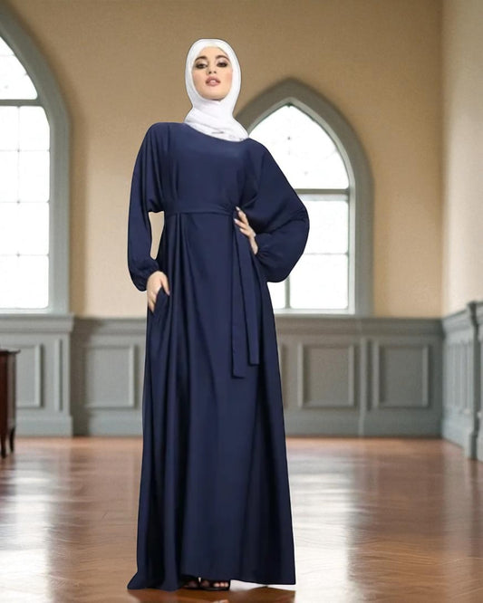 Closed Abaya with Flare - Elasticated Sleeves - Side Pockets - Matching Belt - Complementary Hijab - Nida Satin Fabric
