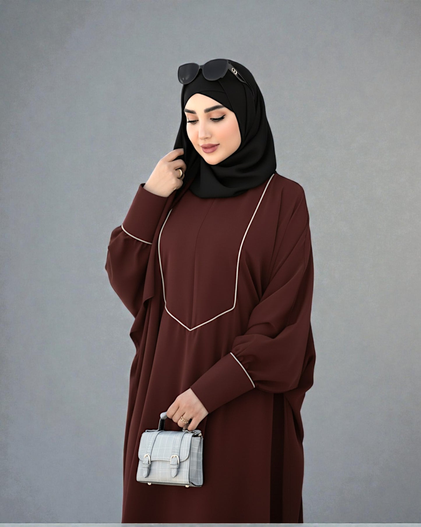 Free Size Kaftan Abaya with Cuffed Sleeves and Contrast Buttons - Piping Design - Concealed Zipper - Luxurious Firdaus Fabric - Matching Hijab