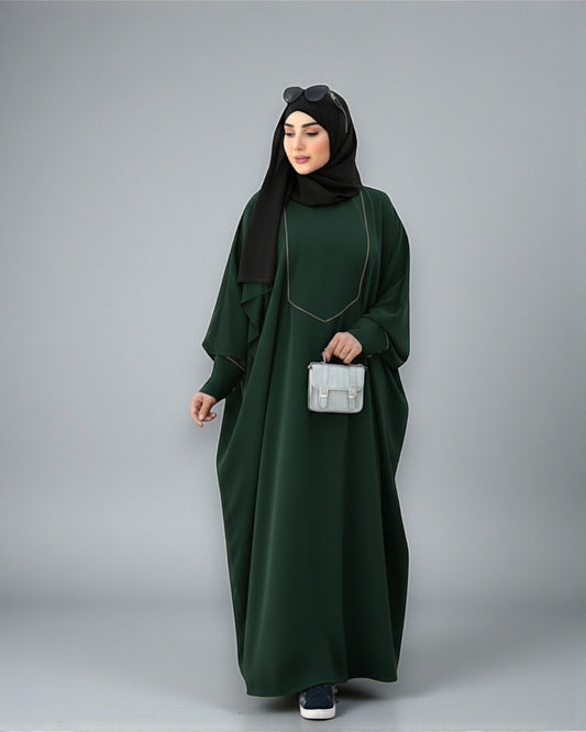 Free Size Kaftan Abaya with Cuffed Sleeves and Contrast Buttons - Piping Design - Concealed Zipper - Luxurious Firdaus Fabric - Matching Hijab