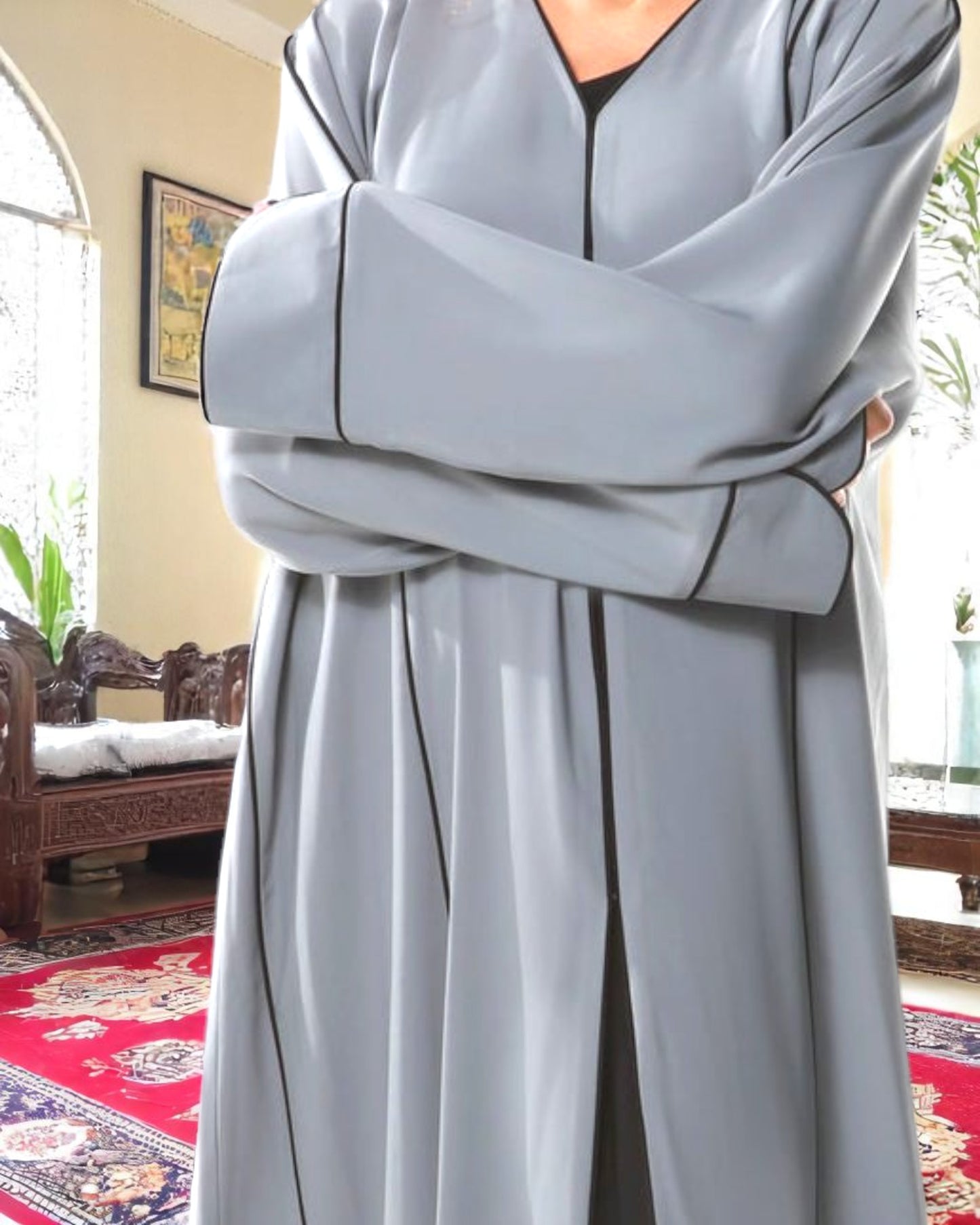 Front Open Abaya in Firdaus Fabric with Contrast Piping, Designer Sleeves, Snap Buttons & V-Neck