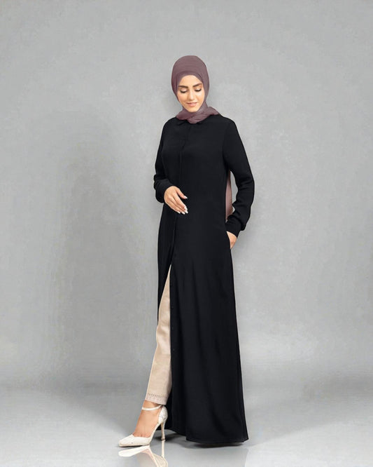 Front Open Firdaus Fabric Abaya Like Dress with Slim Cuffed Sleeves