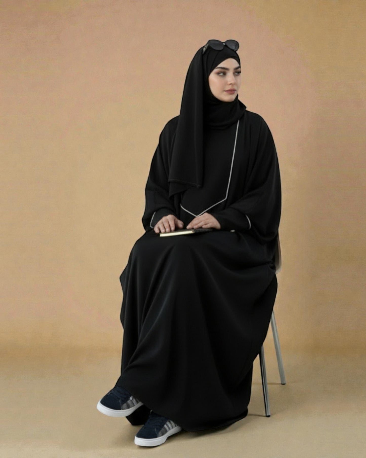 Free Size Kaftan Abaya with Cuffed Sleeves and Contrast Buttons - Piping Design - Concealed Zipper - Luxurious Firdaus Fabric - Matching Hijab