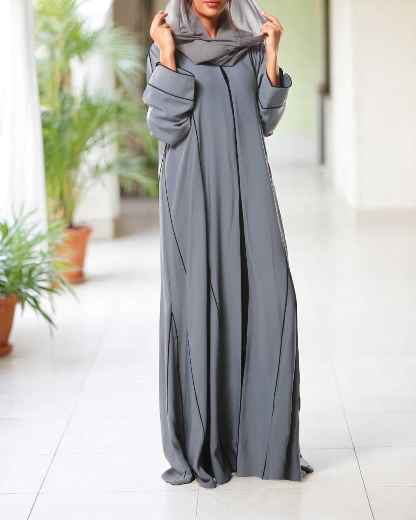 Front Open Abaya in Firdaus Fabric with Contrast Piping, Designer Sleeves, Snap Buttons & V-Neck