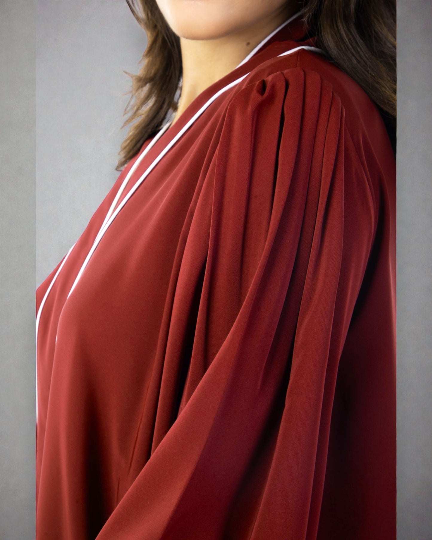 Front Open Maroon Abaya in Firdaus Fabric with White Piping, Snap Buttons, Wide Sleeves & V-Neck