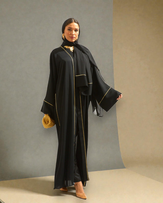 Front Open Abaya with Piping Design - Firdaus Fabric - Wide Sleeves with Contrast Piping - Side Pockets - Complementary Hijab
