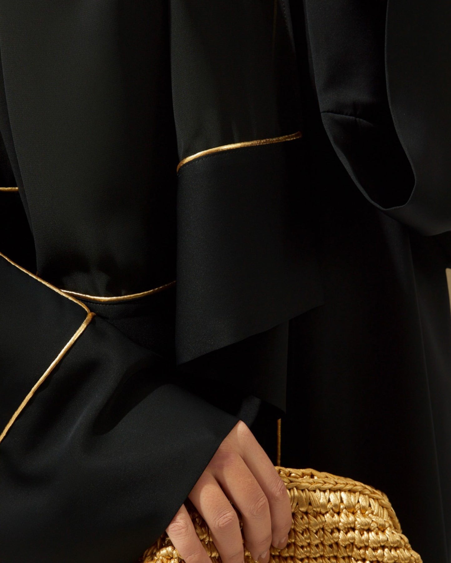 Front Open Abaya with Piping Design - Firdaus Fabric - Wide Sleeves with Contrast Piping - Side Pockets - Complementary Hijab