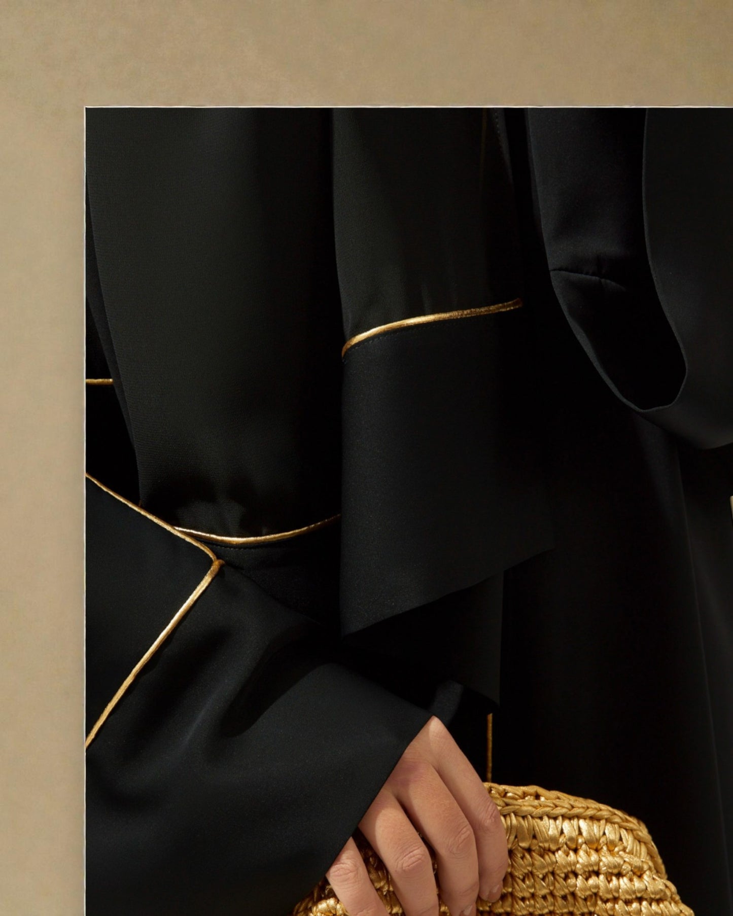 Front Open Abaya with Piping Design - Firdaus Fabric - Wide Sleeves with Contrast Piping - Side Pockets - Complementary Hijab