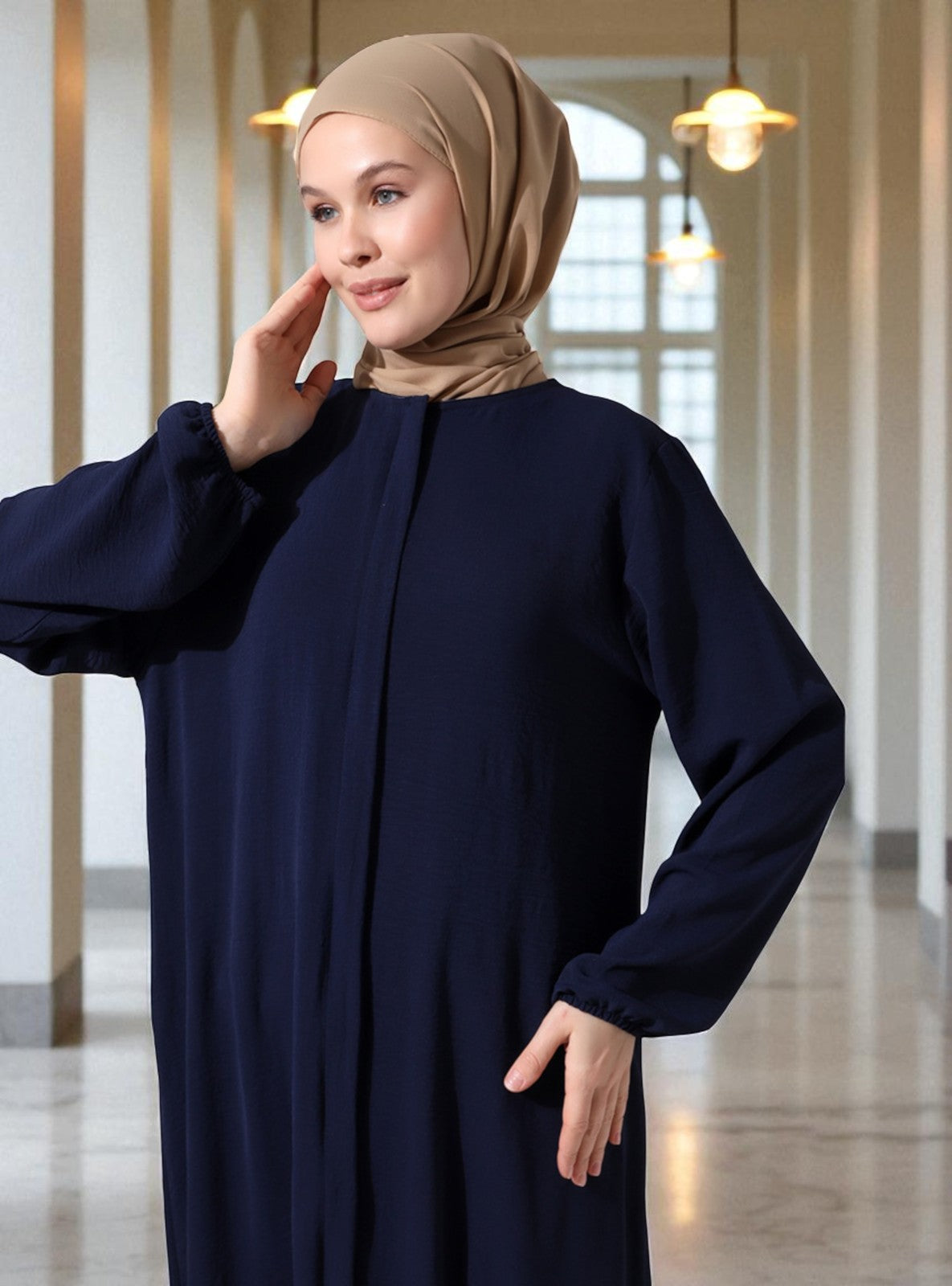 front open abaya in zoom crush fabric. Placket designs, elasticated sleeves, complementary Hijab