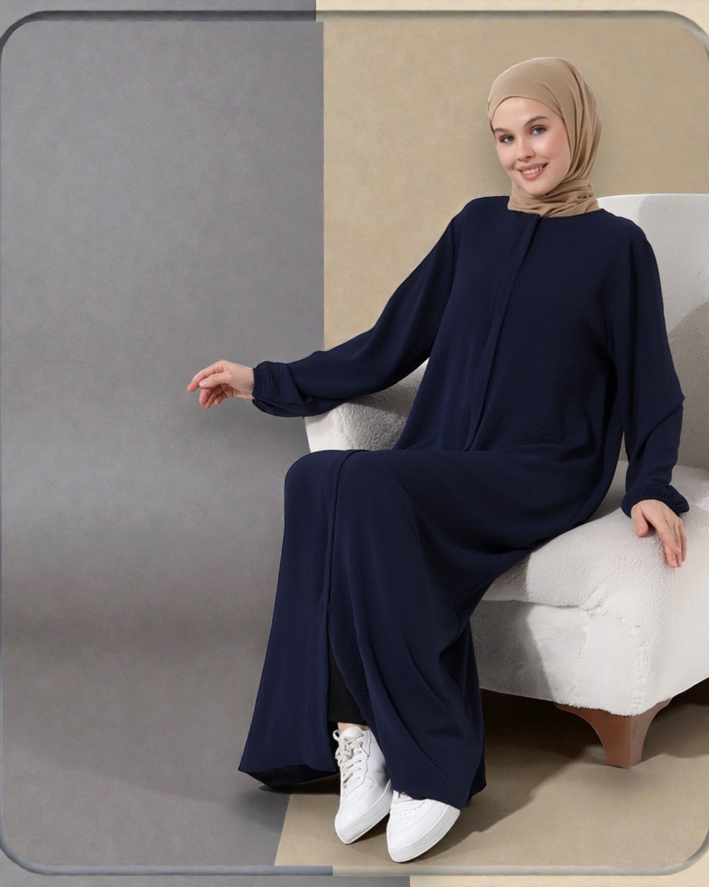 front open abaya in zoom crush fabric. Placket designs, elasticated sleeves, complementary Hijab