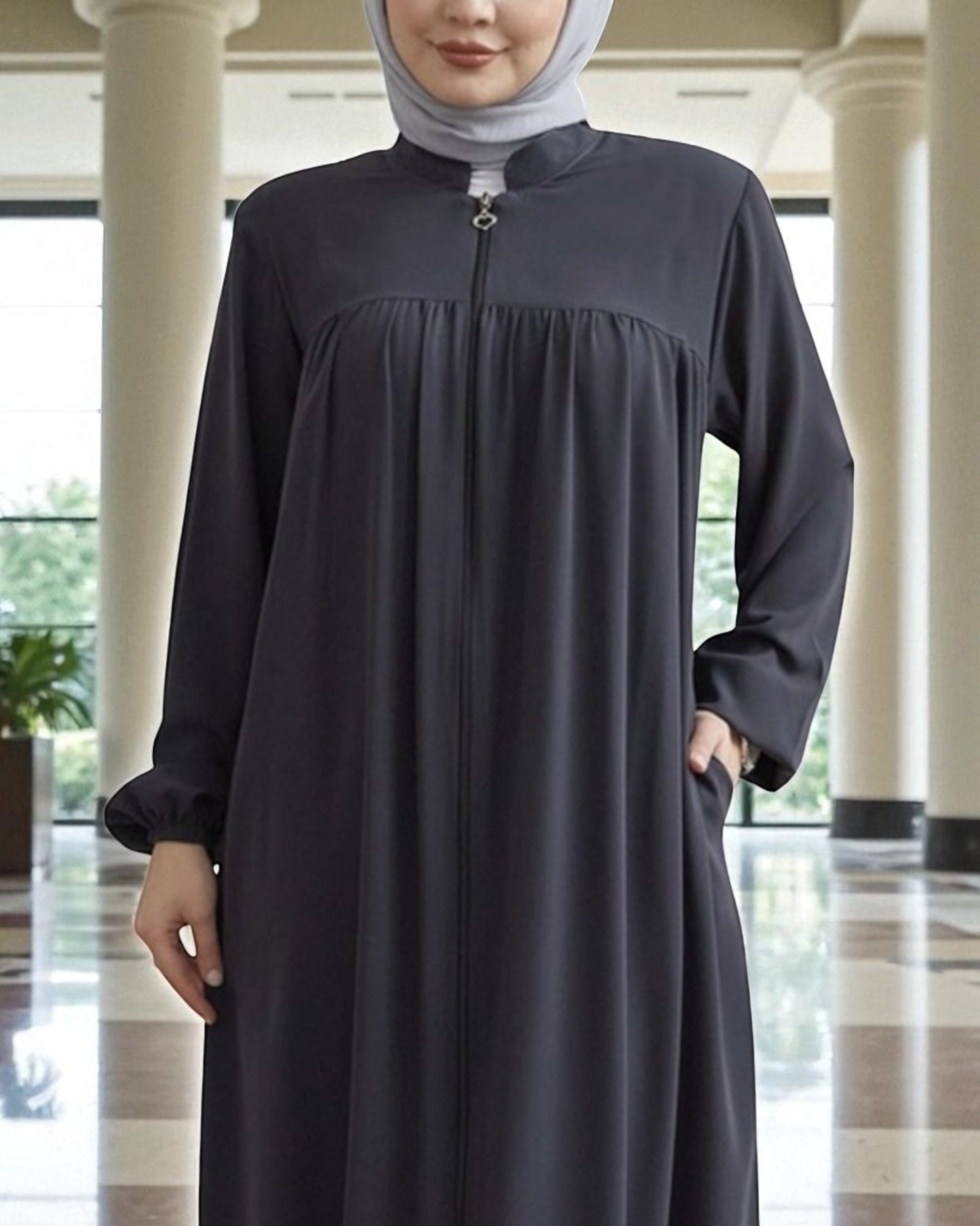 Fron Open Abaya With Full Zipper, gather on yoke, side pockets, elasticated sleeves, Complementary hijab