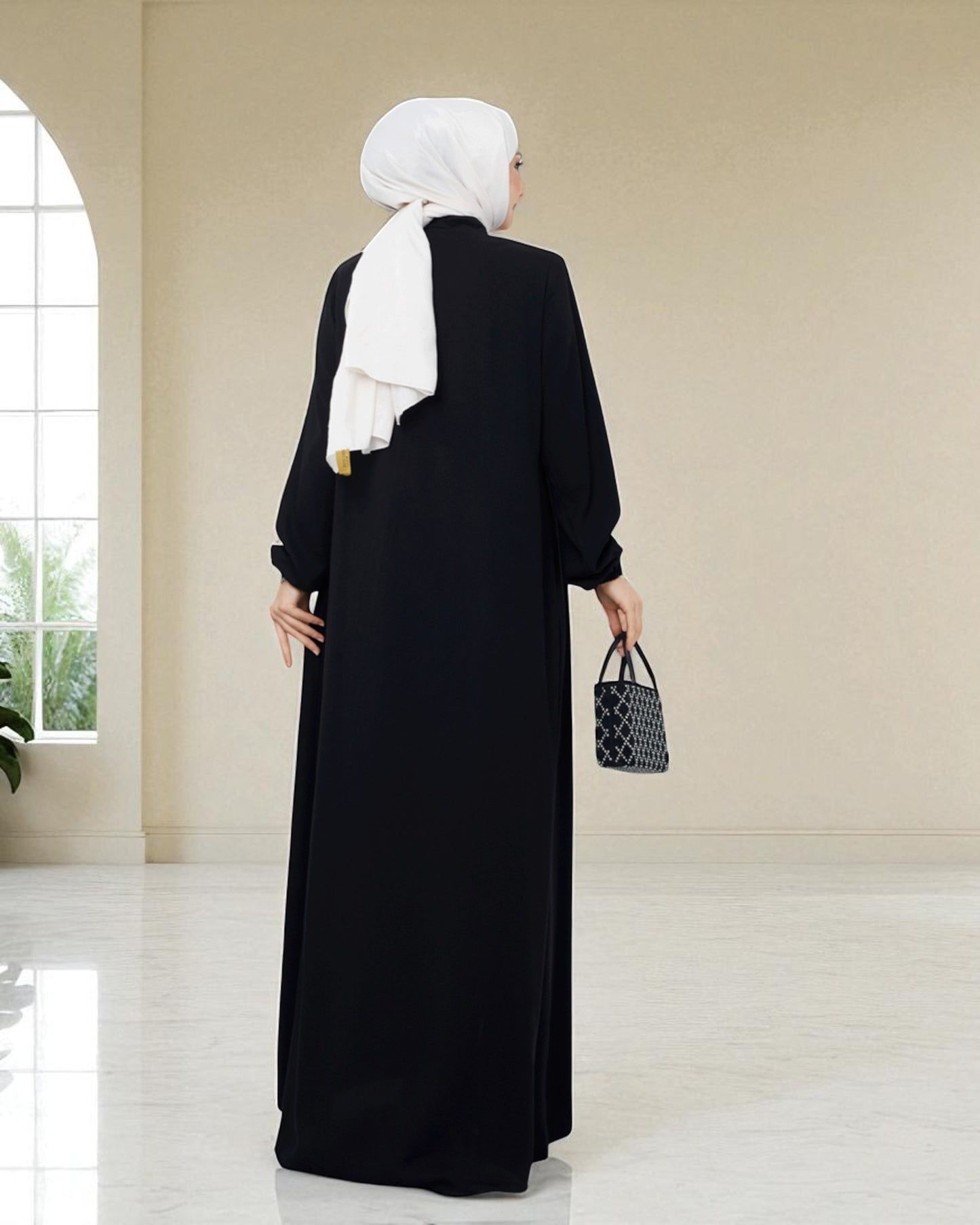 Fron Open Abaya With Full Zipper, gather on yoke, side pockets, elasticated sleeves, Complementary hijab