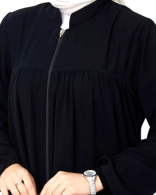 Fron Open Abaya With Full Zipper, gather on yoke, side pockets, elasticated sleeves, Complementary hijab