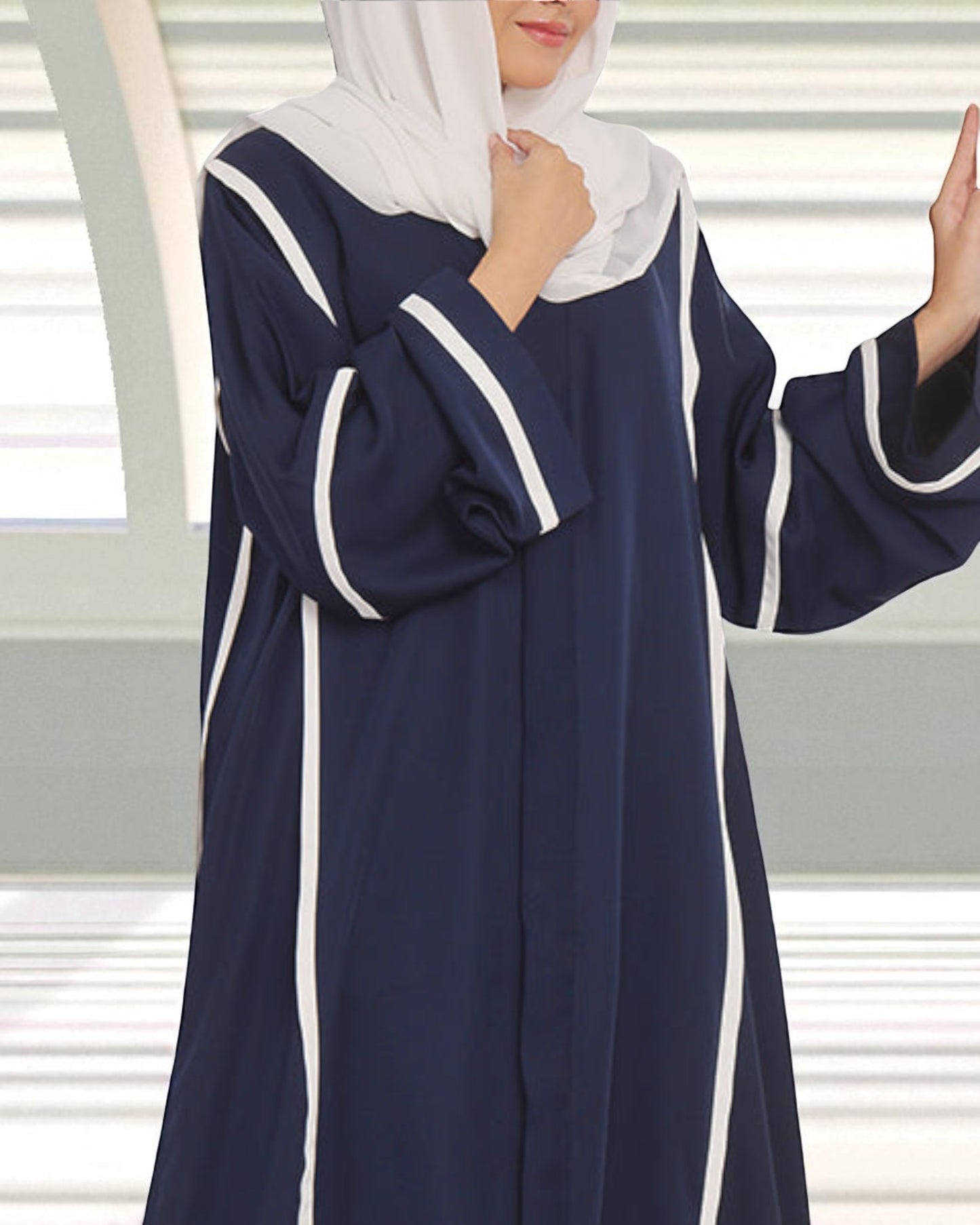 Front Open Abaya in Firdaus Fabric with White Taping, Snap Buttons, Wide Sleeves & V-Neck
