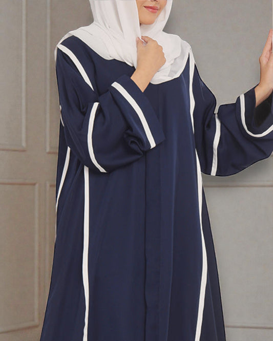 Front Open Abaya in Firdaus Fabric with White Taping, Snap Buttons, Wide Sleeves & V-Neck