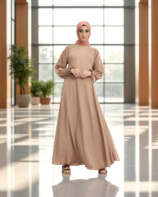 Closed Abaya with Flare - Smocking Sleeves - Side Pockets - Complementary Hijab - Firdaus Fabric
