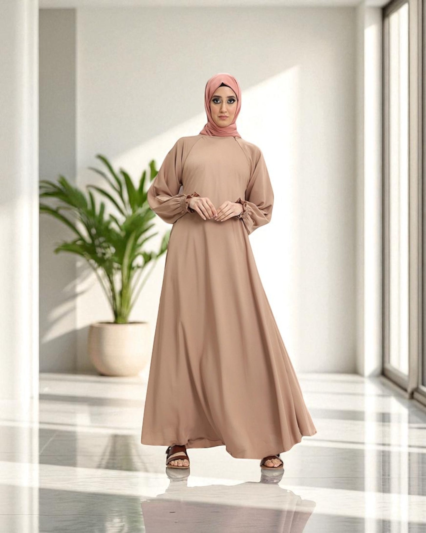 Closed Abaya with Flare - Smocking Sleeves - Side Pockets - Complementary Hijab - Firdaus Fabric
