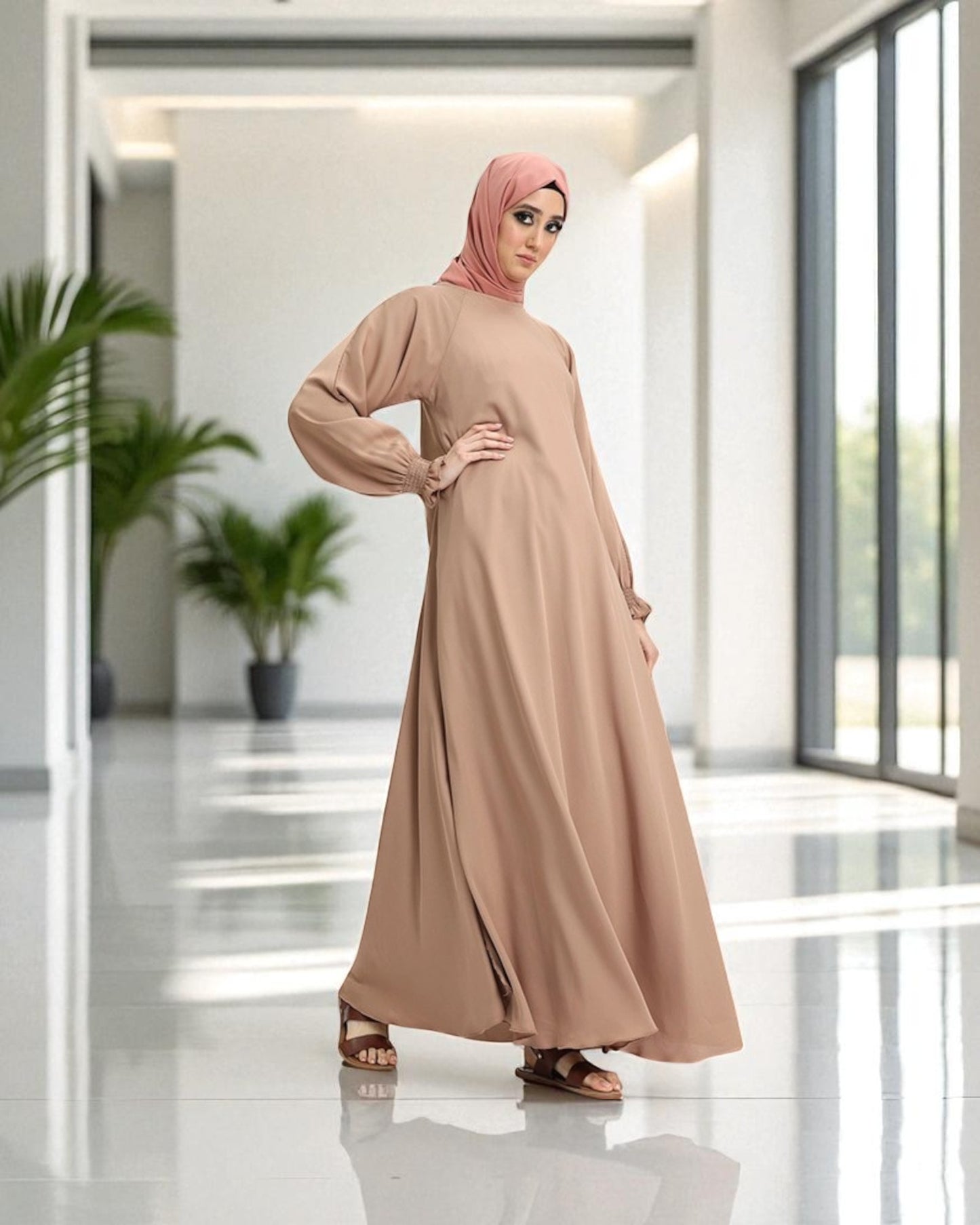 Closed Abaya with Flare - Smocking Sleeves - Side Pockets - Complementary Hijab - Firdaus Fabric