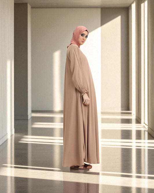 Closed Abaya with Flare - Smocking Sleeves - Side Pockets - Complementary Hijab - Firdaus Fabric