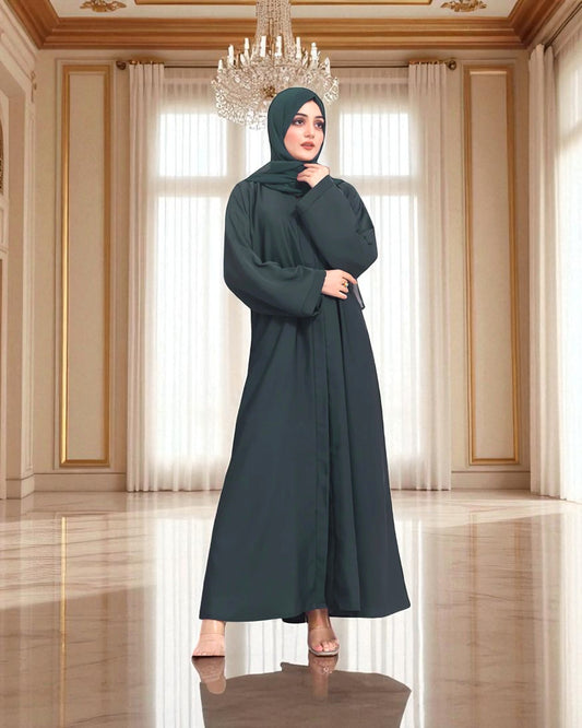 Front Open Abaya with Placket - Side Pockets - Regular Sleeves - Matching Hijab