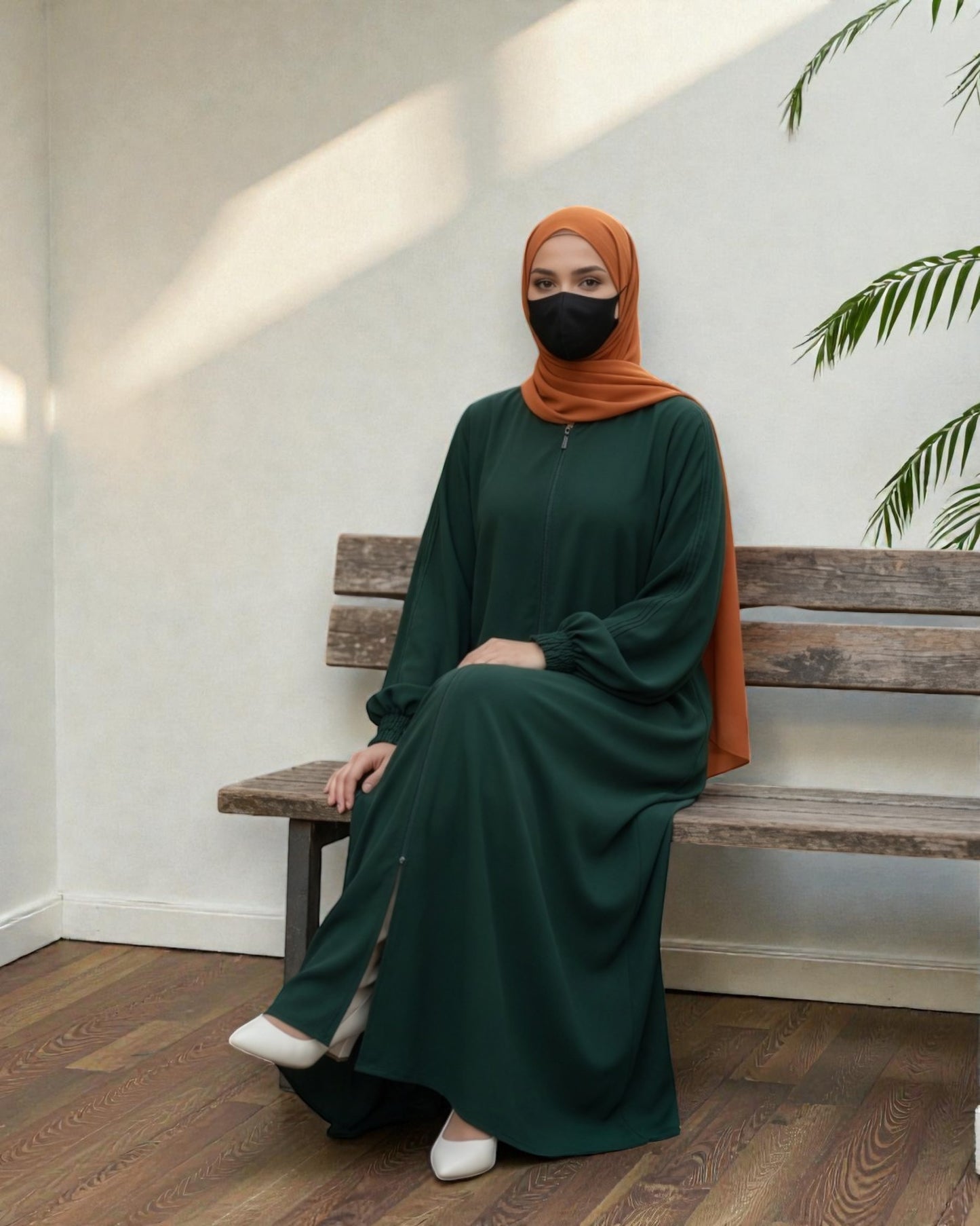 Green Abaya With Hijab – Front Open Zipper Style