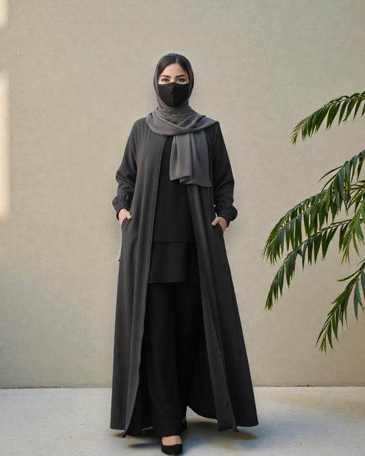Dark Grey Abaya With Hijab – Front Open Zipper Style
