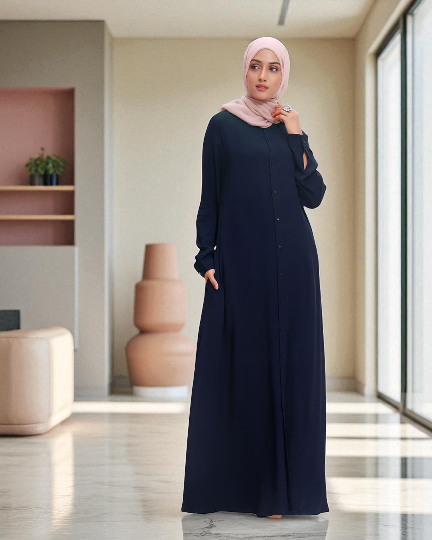 Front Open Firdaus Fabric Abaya with Button Opening