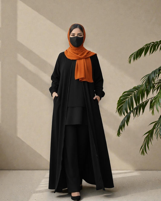 Black Abaya With Hijab – Front Open Zipper Style