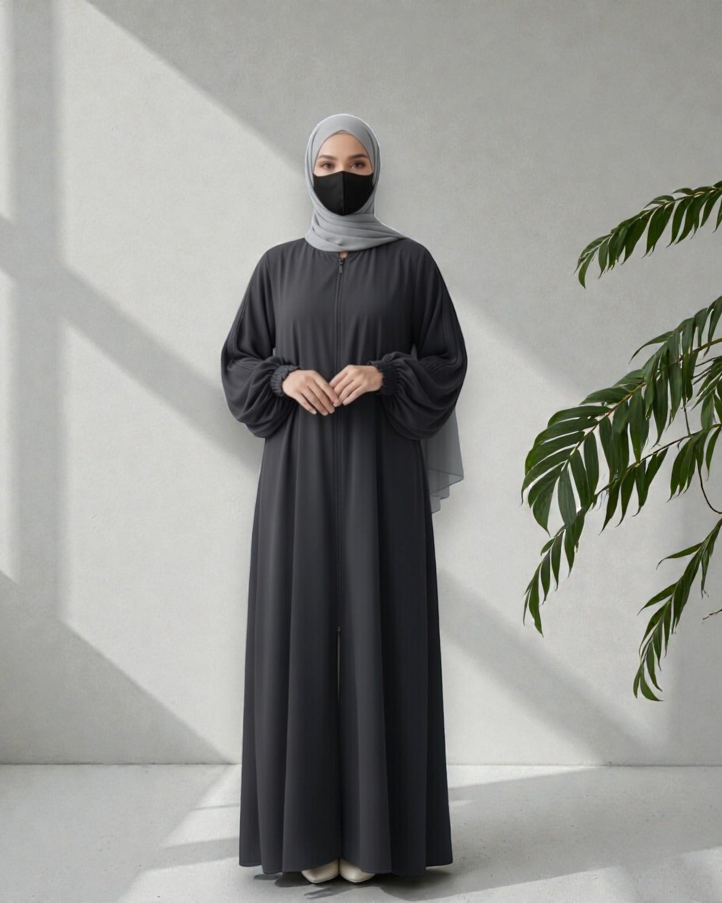 Dark Grey Abaya With Hijab – Front Open Zipper Style