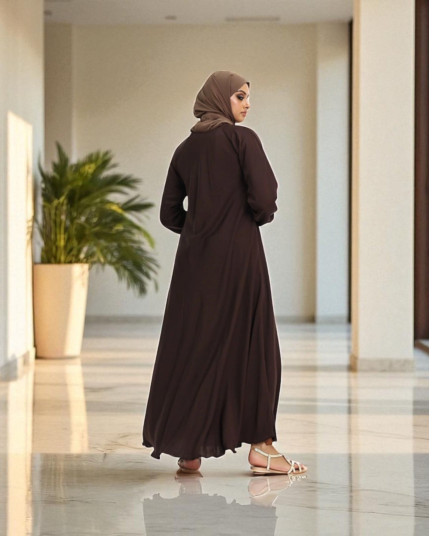 Closed Abaya with Flare - Smocking Sleeves - Side Pockets - Complementary Hijab - Firdaus Fabric