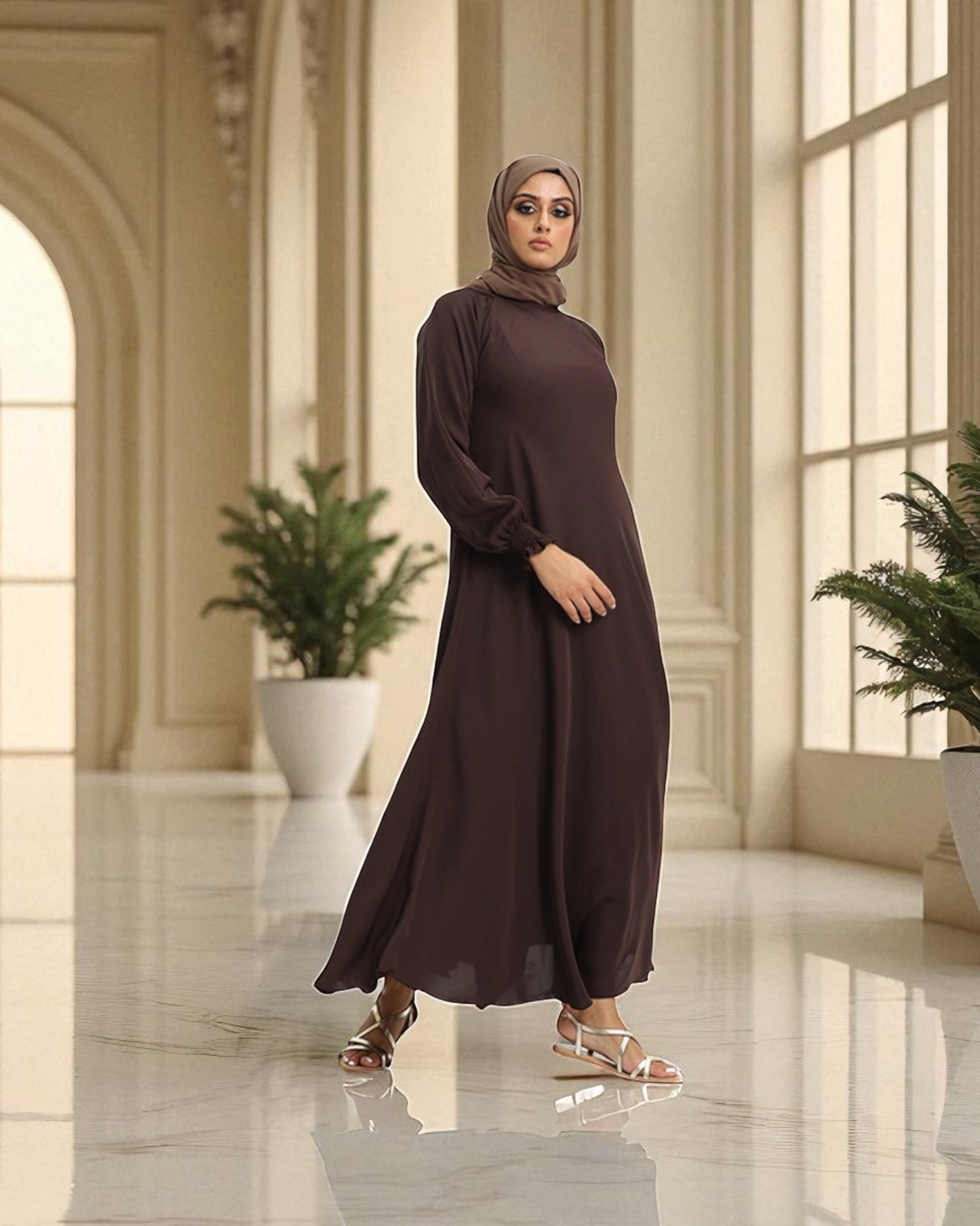 Closed Abaya with Flare - Smocking Sleeves - Side Pockets - Complementary Hijab - Firdaus Fabric