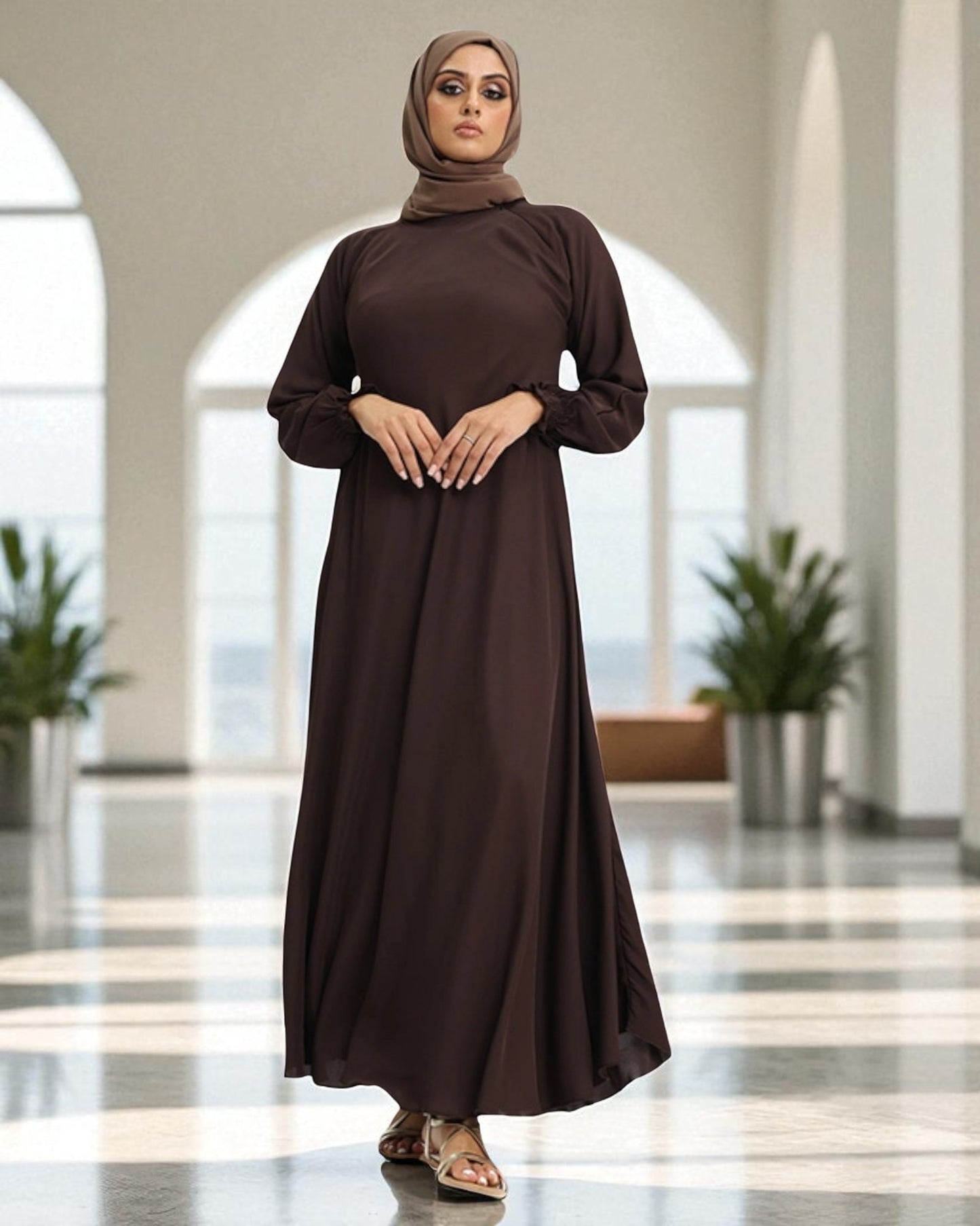 Closed Abaya with Flare - Smocking Sleeves - Side Pockets - Complementary Hijab - Firdaus Fabric