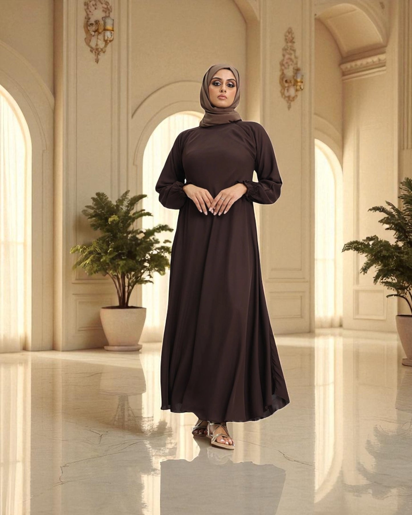 Closed Abaya with Flare - Smocking Sleeves - Side Pockets - Complementary Hijab - Firdaus Fabric