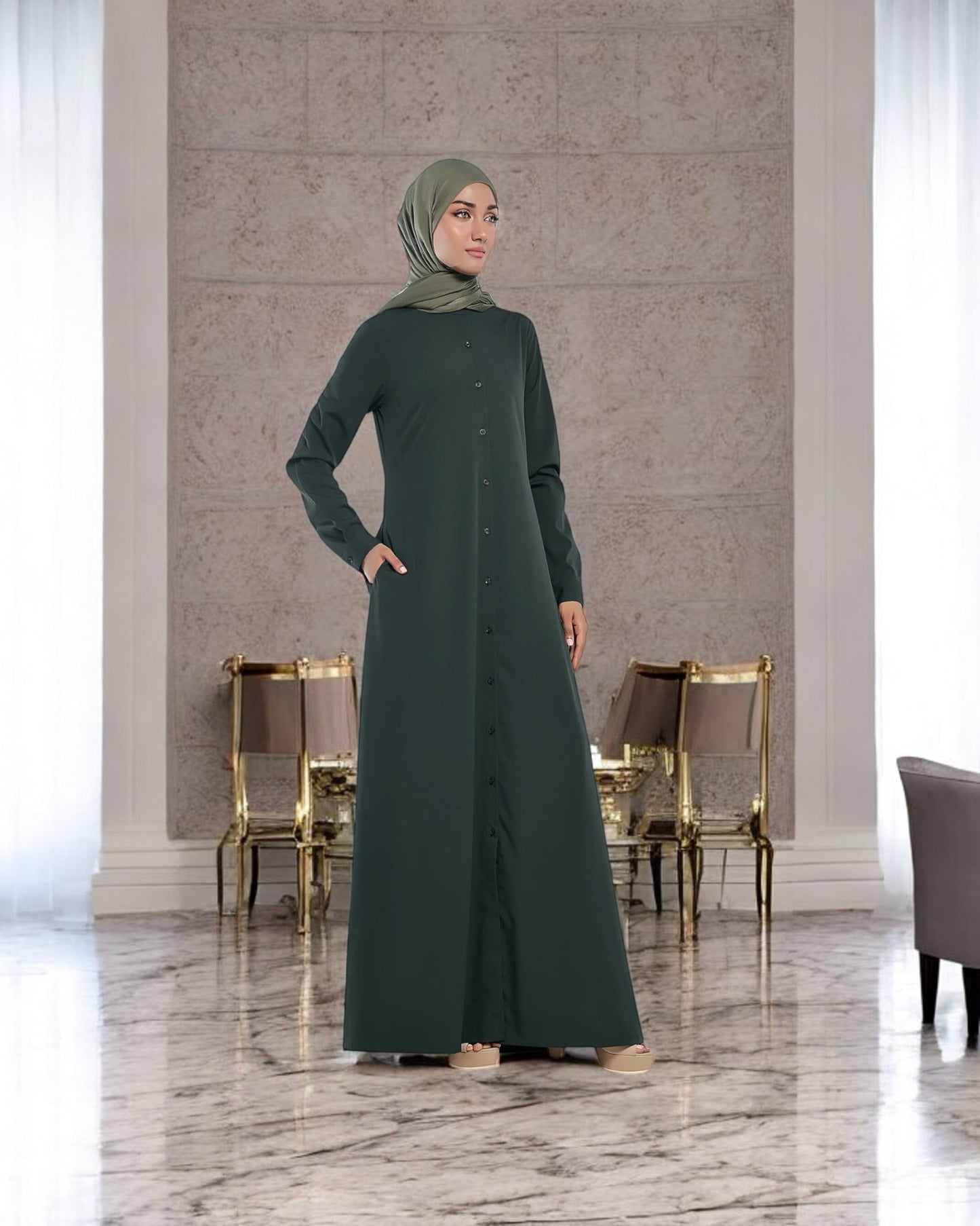 Front Open Firdaus Fabric Abaya with Button Opening