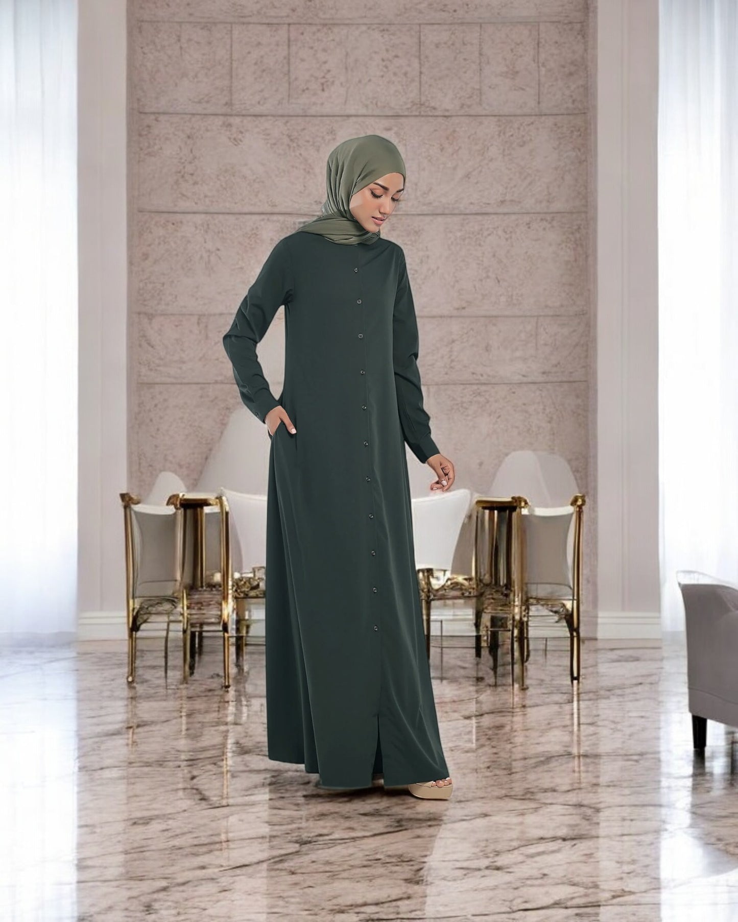 Front Open Firdaus Fabric Abaya with Button Opening