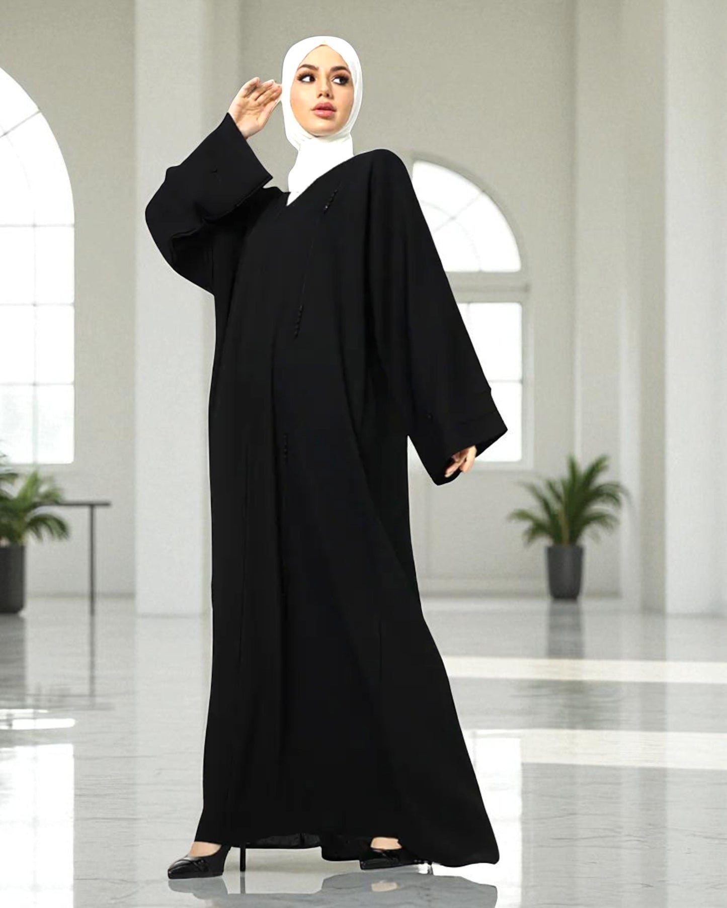 Closed Abaya with Piping Design and Beadwork - Wide Sleeves - Side Pockets - Premium Tiktok Fabric - Complementary Hijab
